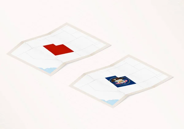 Dwie Wersje Złożonej Mapy Utah Flagą Kraju Utah Podświetlonym Czerwonym — Wektor stockowy