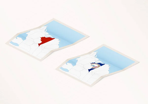 Dwie Wersje Składanej Mapy Wirginii Flagą Kraju Wirginii Podświetlanym Czerwonym — Wektor stockowy