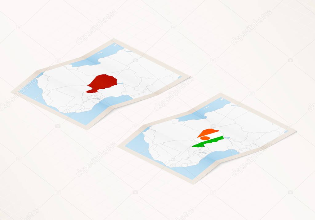 Two versions of a folded map of Niger with the flag of the country of Niger and with the red color highlighted.