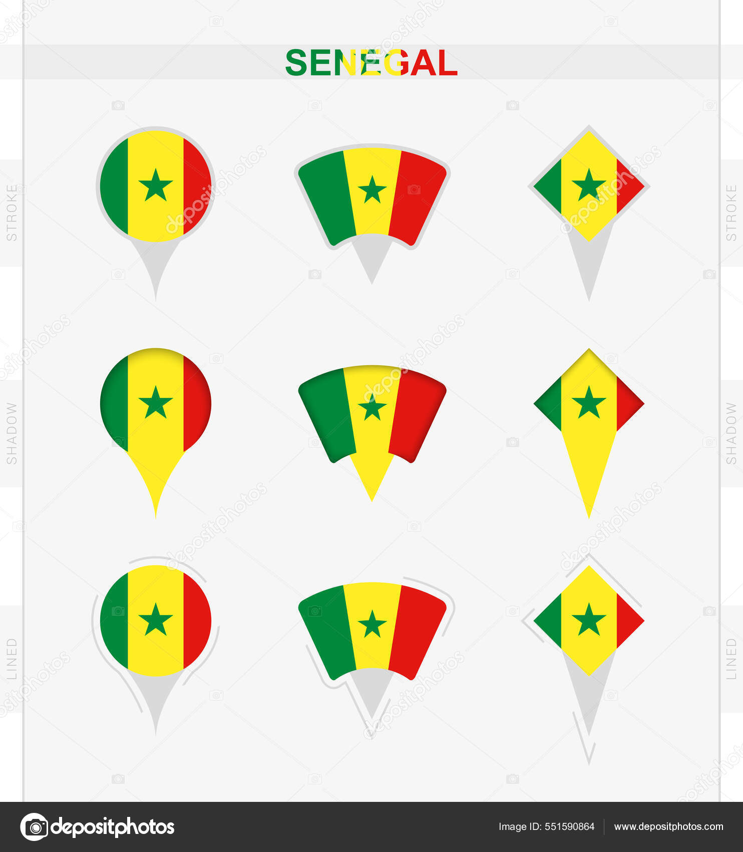 Bandeira Senegal Conjunto Ícones Pino Localização Bandeira Senegal