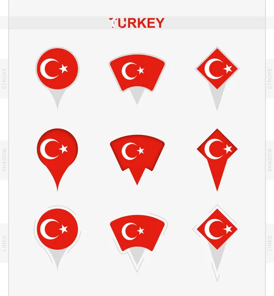 Bendera Turki Set Ikon Pin Lokasi Bendera Turki - Stok Vektor