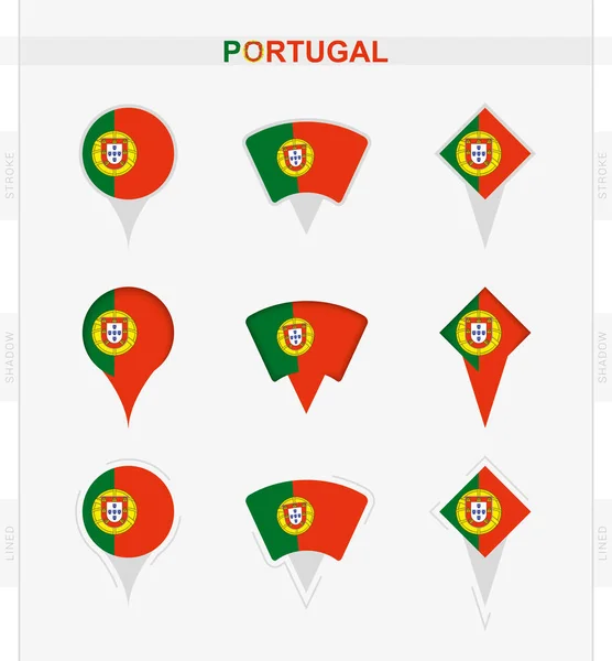 葡萄牙国旗 一套葡萄牙国旗的定位别针图标 — 图库矢量图片