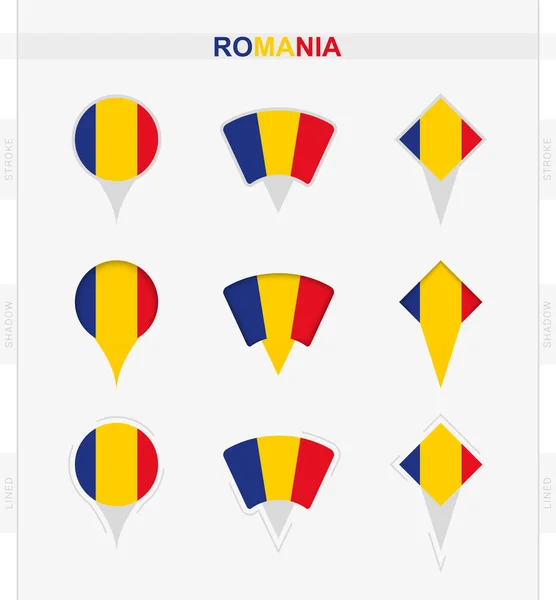 Bandera Rumania Conjunto Iconos Pin Ubicación Bandera Rumania — Vector de stock