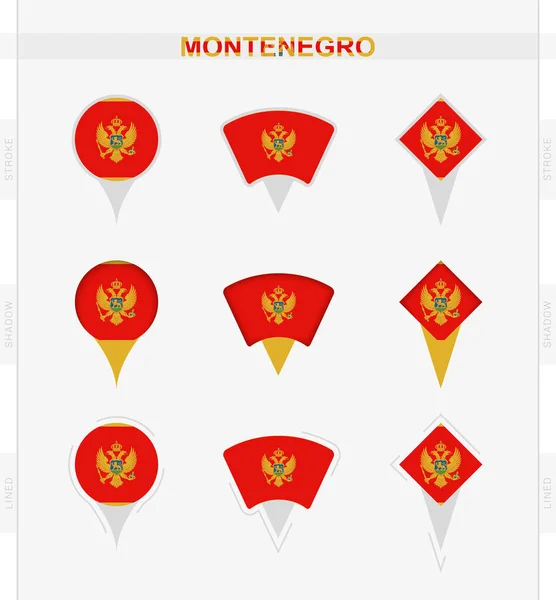 Bandera Montenegro Conjunto Iconos Pin Ubicación Bandera Montenegro — Vector de stock