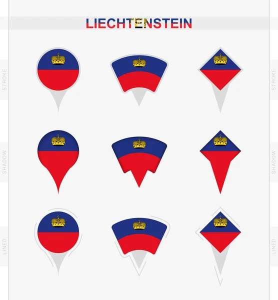 Bandera Liechtenstein Conjunto Iconos Pin Ubicación Bandera Liechtenstein — Archivo Imágenes Vectoriales