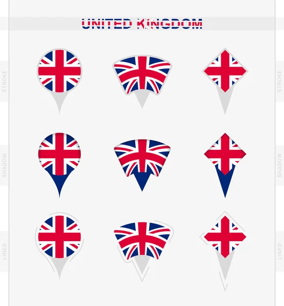Birleşik Krallık Bayrağı Birleşik Krallık Bayrağının Konum Pin Simgeleri Kümesi — Stok Vektör