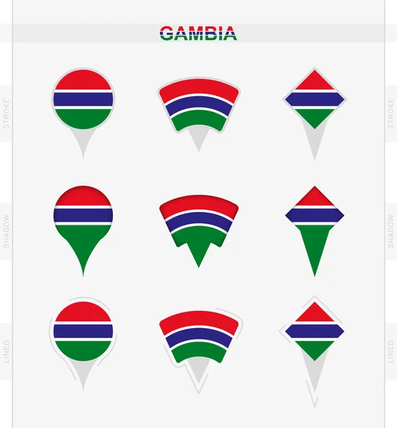 Bandera Gambia Conjunto Iconos Pin Ubicación Bandera Gambia — Archivo Imágenes Vectoriales
