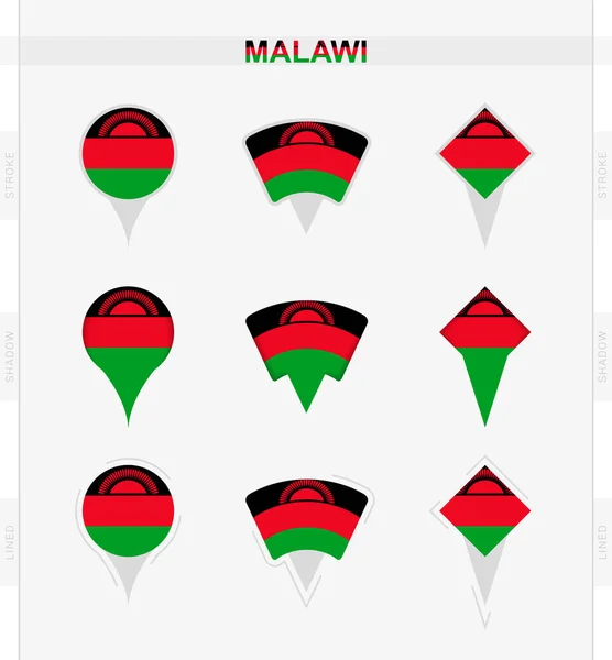 Bandeira Malawi Conjunto Ícones Pino Localização Bandeira Malawi —  Vetores de Stock