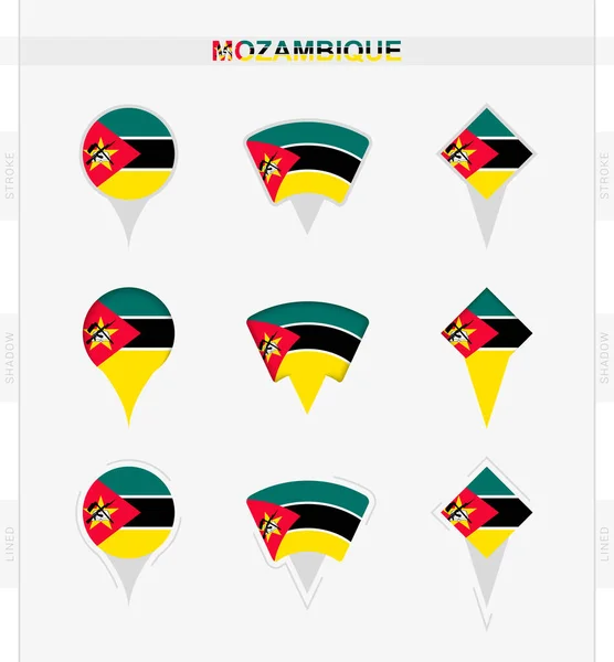 Bandera Mozambique Conjunto Iconos Pin Ubicación Bandera Mozambique — Archivo Imágenes Vectoriales