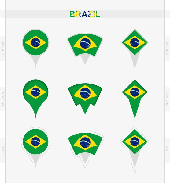 Brasilien Flagge Set Von Location Pin Symbolen Der Brasilien Flagge — Stockvektor