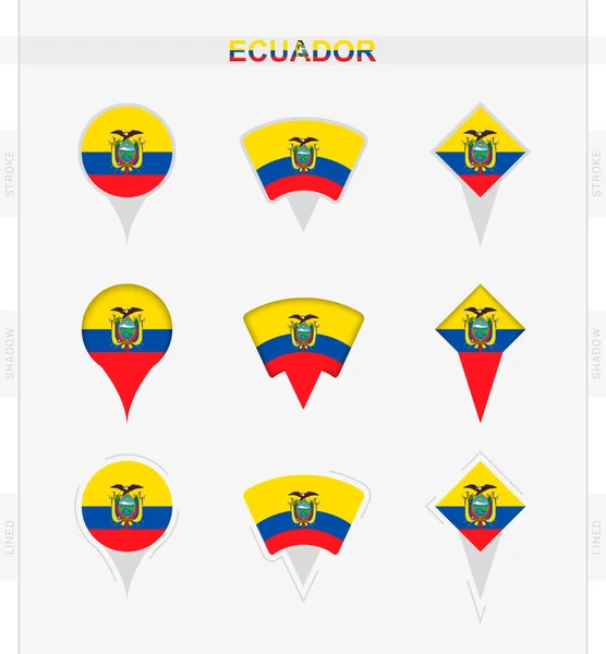 Ekvádorská Vlajka Sada Ikon Umístění Kolíků Ekvádorské Vlajky — Stockový vektor