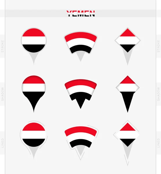 Flaga Jemenu Zbiór Ikon Ikon Pin Lokalizacyjnych Flagi Jemenu — Wektor stockowy