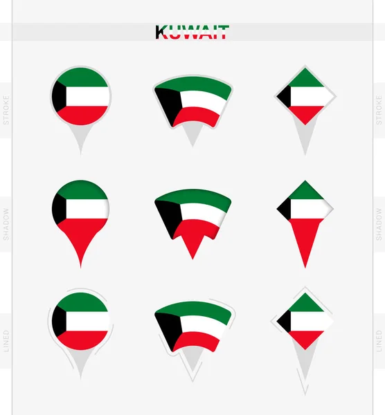 Kuwait Flagga Uppsättning Plats Pin Ikoner Kuwait Flagga — Stock vektor