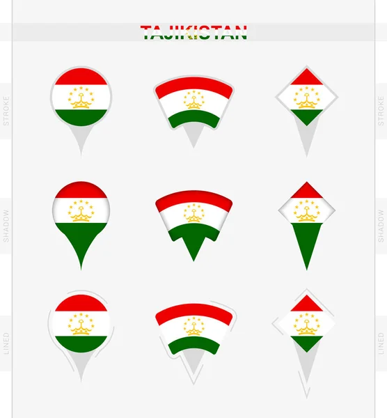 Bandiera Tagikistan Set Icone Posizione Pin Della Bandiera Tagikistan — Vettoriale Stock