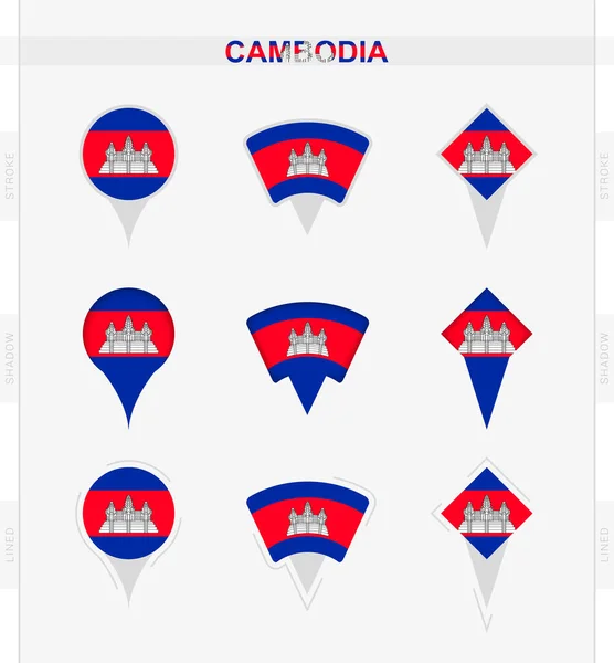 Bandera Camboya Conjunto Iconos Pin Ubicación Bandera Camboya — Vector de stock