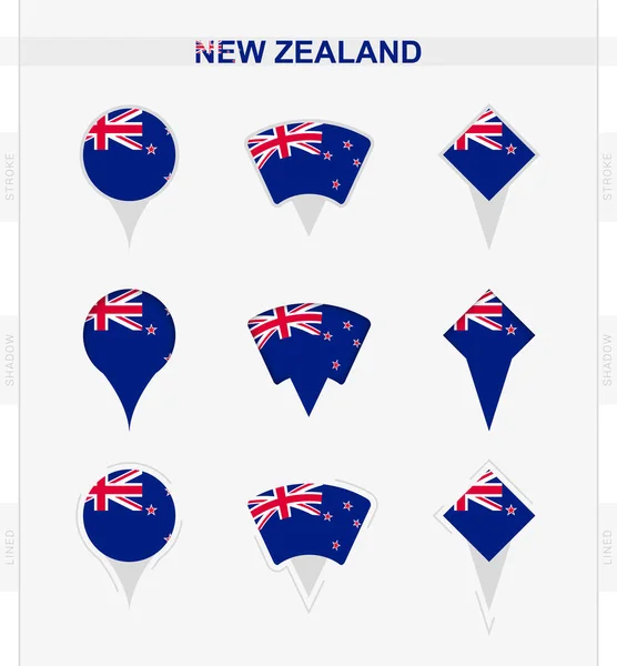 新西兰国旗 一组新西兰国旗的定位别针图标 — 图库矢量图片