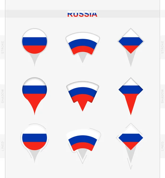 Bandera Rusia Conjunto Iconos Ubicación Pin Bandera Rusia — Vector de stock