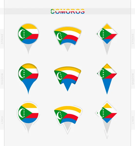 Bandera Comoras Conjunto Iconos Pin Ubicación Bandera Comoras — Vector de stock