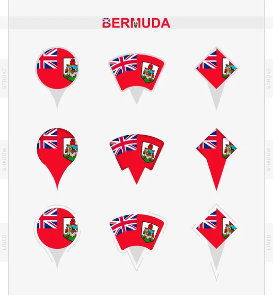 Bandiera Delle Bermuda Set Icone Con Pin Posizione Della Bandiera — Vettoriale Stock