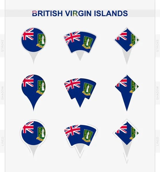 英領バージン諸島の旗 英領バージン諸島の旗の位置ピンのアイコンのセット — ストックベクタ