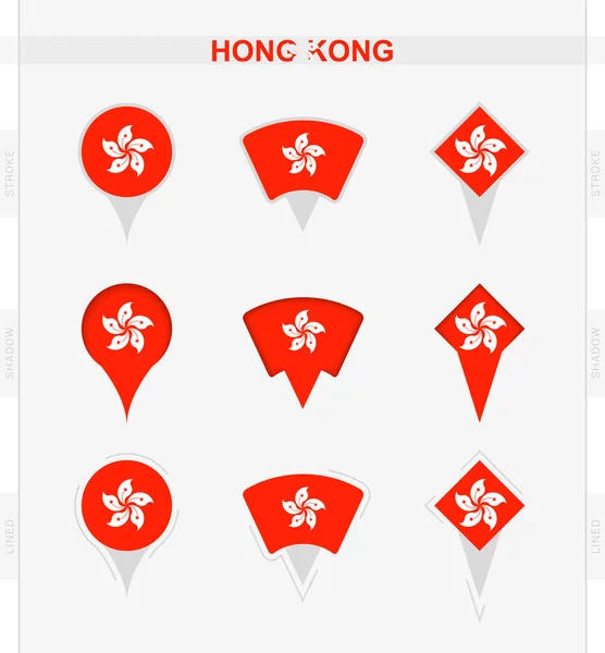 Flaga Hongkongu Zestaw Ikon Pinów Lokalizacyjnych Flagi Hongkongu — Wektor stockowy