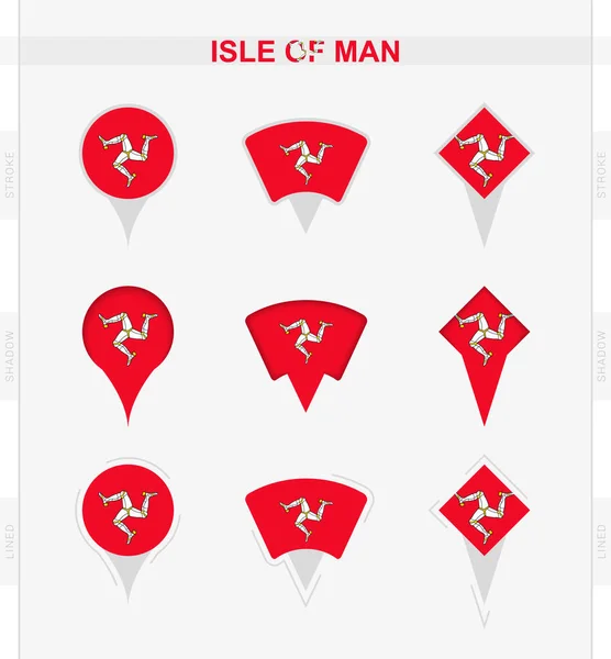 Bandiera Isola Man Insieme Icone Con Perno Posizione Della Bandiera — Vettoriale Stock