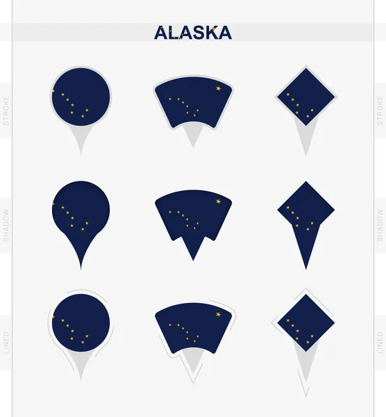 Alaska Flag Set Icone Posizione Della Bandiera Alaska — Vettoriale Stock