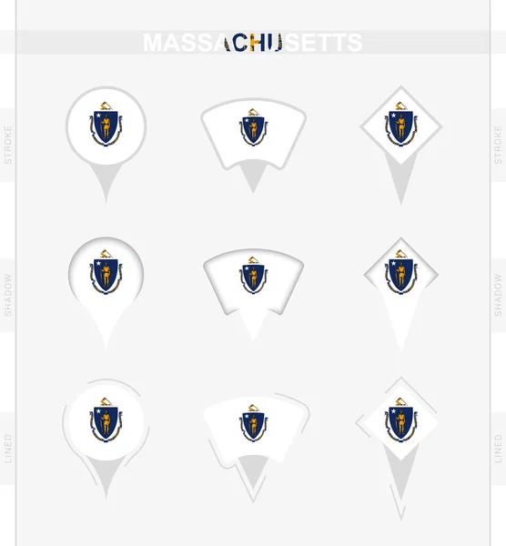 Massachusetts Flagga Uppsättning Plats Pin Ikoner Massachusetts Flagga — Stock vektor