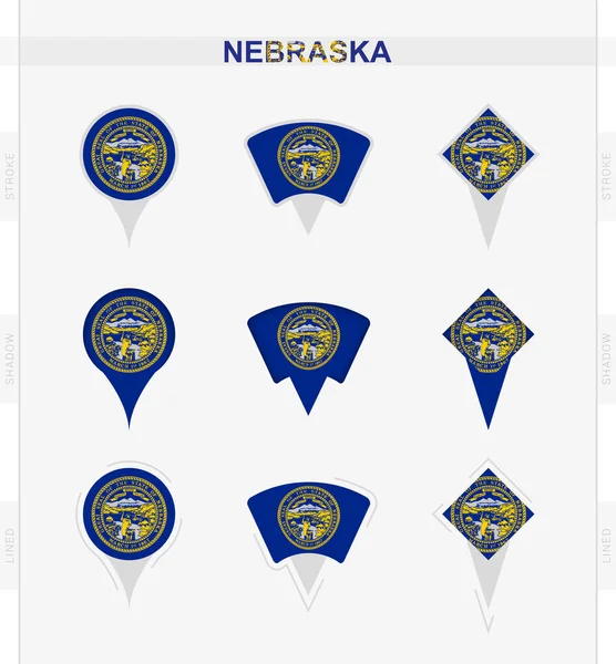 Bandeira Nebraska Conjunto Ícones Pino Localização Bandeira Nebraska — Vetor de Stock