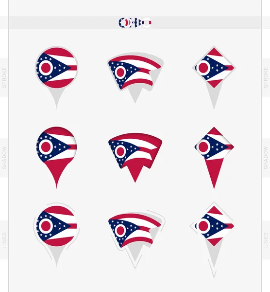 Ohio Vlag Set Van Locatie Pin Pictogrammen Van Ohio Vlag — Stockvector