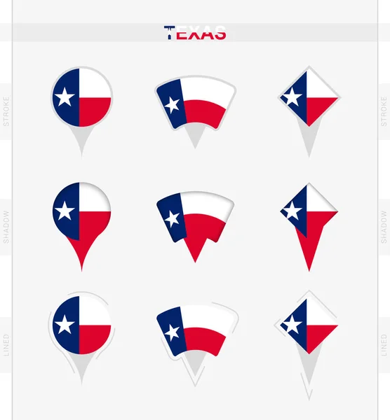 テキサスの旗 テキサスの旗の位置ピンのアイコンのセット — ストックベクタ
