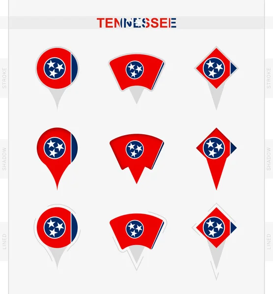 Bandiera Tennessee Set Icone Dei Pin Posizione Della Bandiera Tennessee — Vettoriale Stock