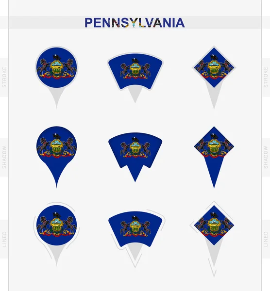 Bendera Pennsylvania Set Ikon Pin Lokasi Dari Bendera Pennsylvania - Stok Vektor