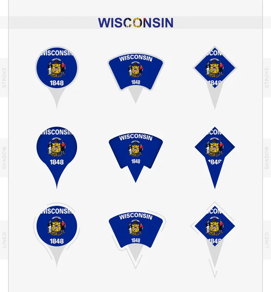 Wisconsin Vlajka Sada Umístění Pin Ikony Wisconsin Vlajky — Stockový vektor