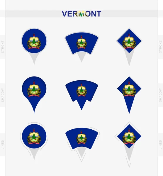 Bandiera Del Vermont Set Icone Con Perno Posizione Della Bandiera — Vettoriale Stock