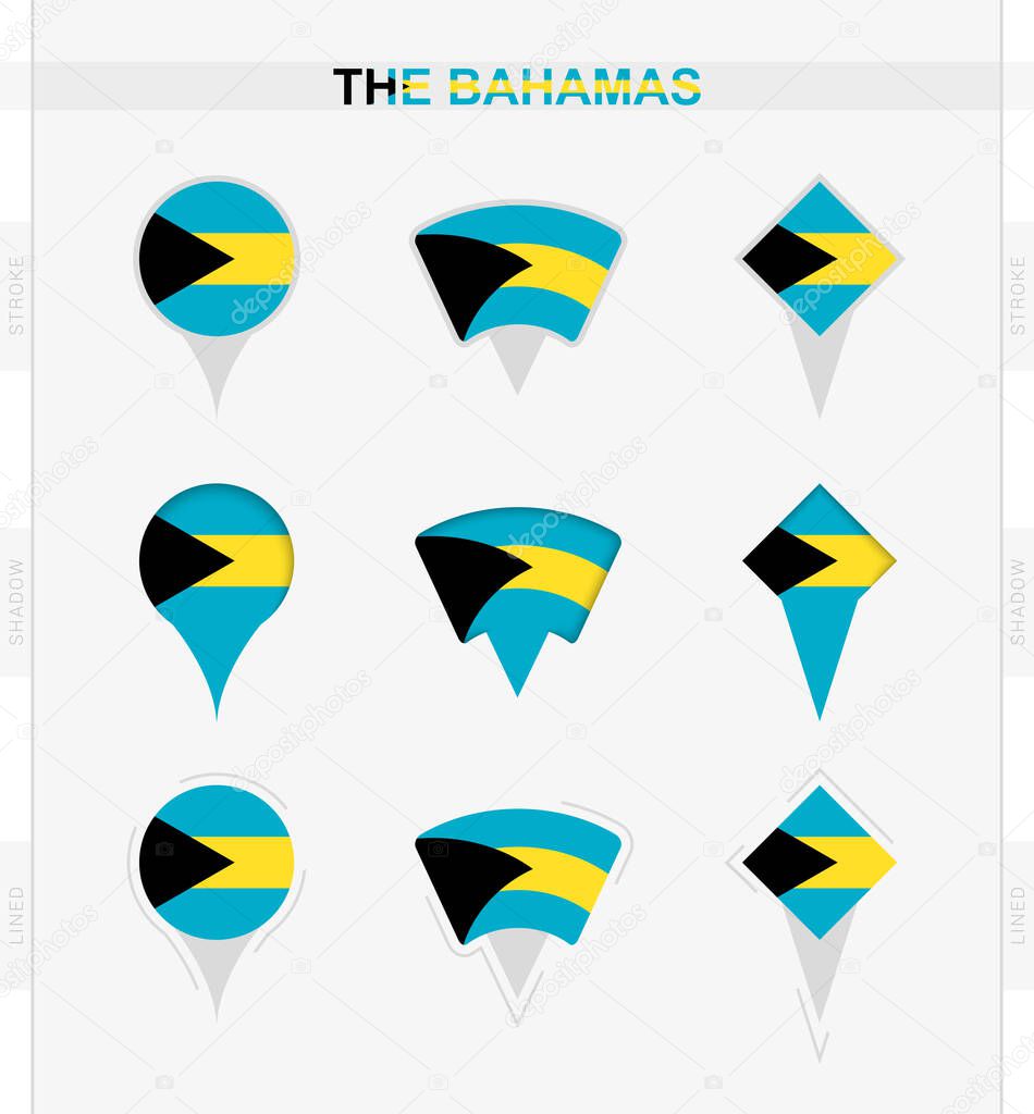 The Bahamas flag, set of location pin icons of The Bahamas flag.