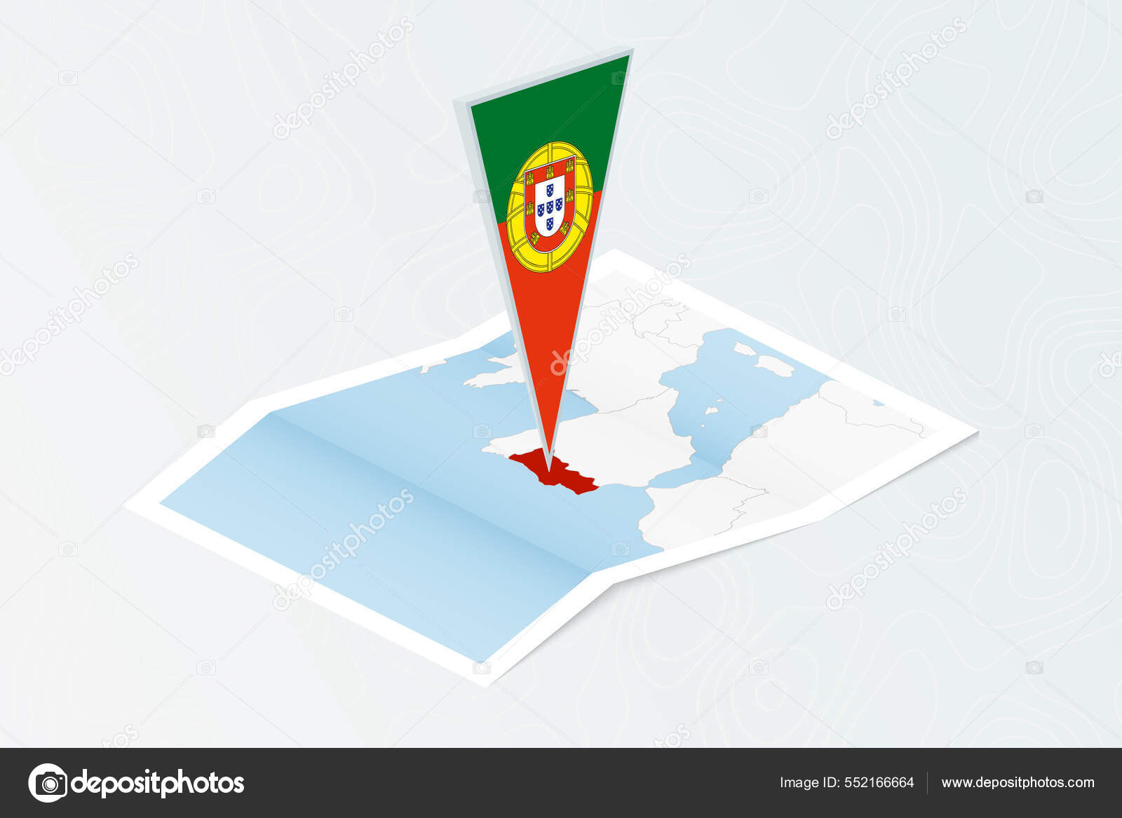 Abstract Blue World Map With Magnified Portugal. Portugal Flag And