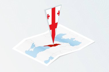 Gürcistan 'ın eşölçülü üçgen bayrağıyla Isometric kağıt haritası. Topoğrafik arkaplan haritası.