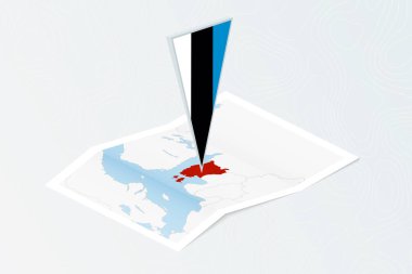 Estonya 'nın Isometric kağıt haritası. Üçgen Estonya bayrağı, izometrik tarzda. Topoğrafik arkaplan haritası.