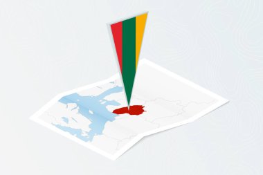 Litvanya 'nın Isometric kağıt haritasında Litvanya' nın eşölçülü üçgen bayrağı var. Topoğrafik arkaplan haritası.