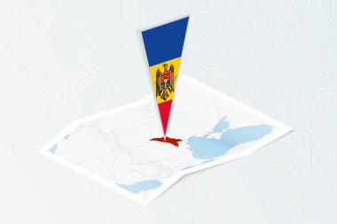 Moldova 'nın Isometric kağıt haritasında Moldova' nın üçgen bayrağı eş ölçülü. Topoğrafik arkaplan haritası.