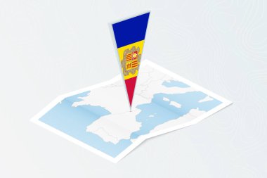 Andorra 'nın eşölçülü üçgen bayrağıyla Isometric kağıt haritası. Topoğrafik arkaplan haritası.