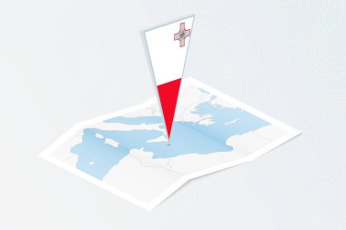Malta 'nın eşölçülü üçgen bayrağıyla Isometric kağıt haritası. Topoğrafik arkaplan haritası.