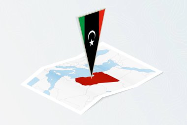 Libya 'nın eşölçülü üçgen bayrağına sahip Isometric kağıt haritası. Topoğrafik arkaplan haritası.