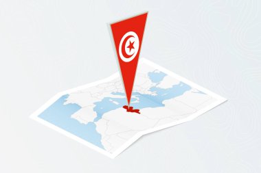 Tunus 'un Isometric kağıt haritası. İzometrik tarzda Tunus' un üçgen bayrağı. Topoğrafik arkaplan haritası.