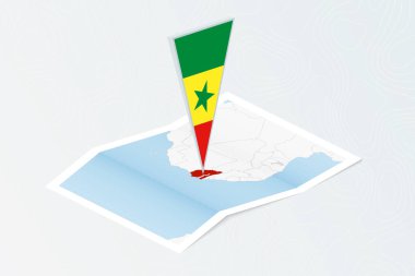 Senegal 'in Isometric kağıt haritası. Senegal' in üçgen bayrağı, izometrik tarzda. Topoğrafik arkaplan haritası.