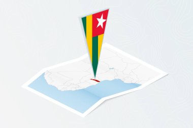Togo 'nun Isometric kağıt haritası. Üçgen Togo bayrağı, izometrik tarzda. Topoğrafik arkaplan haritası.