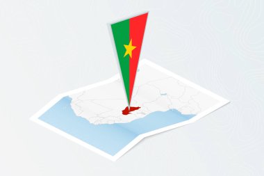 Burkina Faso 'nun eşölçülü üçgen bayrağıyla Isometric kağıt haritası. Topoğrafik arkaplan haritası.