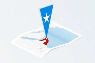Somali 'nin Isometric kağıt haritası. Üçgen Somali bayrağı, izometrik tarzda. Topoğrafik arkaplan haritası.