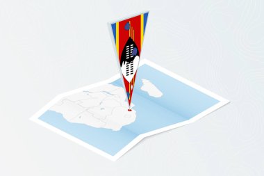 Svaziland 'ın, Svaziland' ın üçgen bayraklı, izometrik haritası. Topoğrafik arkaplan haritası.